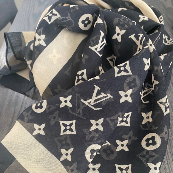 Vintage Louis Vuitton Black Cream Monogram Silk Scarf Authentic - Picture 3 of 12